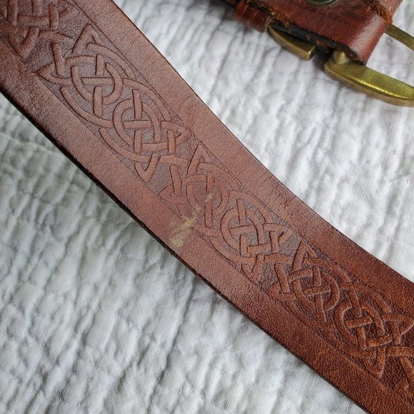 Lee River Ireland Brown Genuine Leather Celtic Knot Belt Mens Brass Buckle 36/38 - Picture 6 of 8